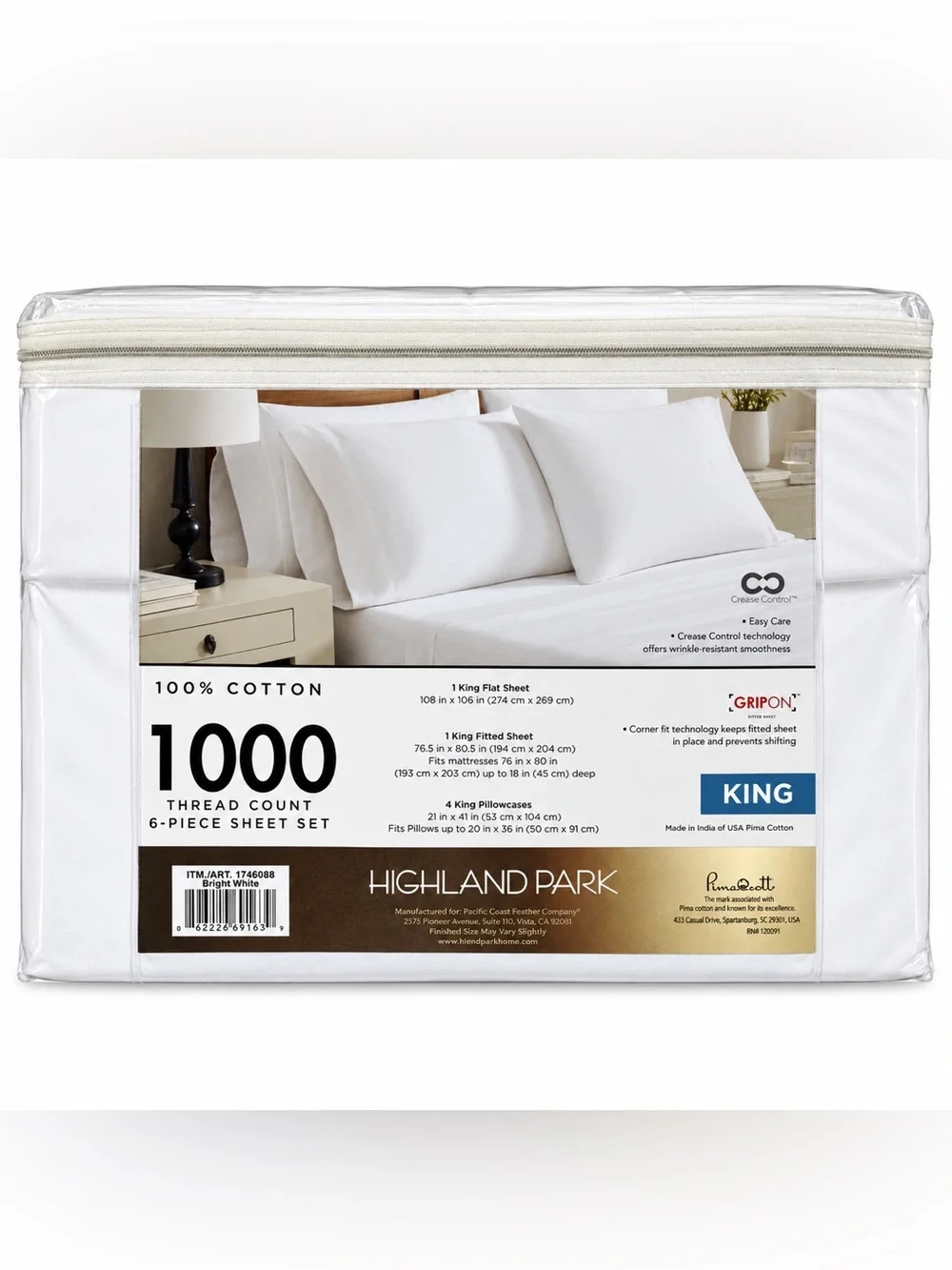 Highland Park 1000 TC Pima Cotton King 6-Piece Sheet Set White